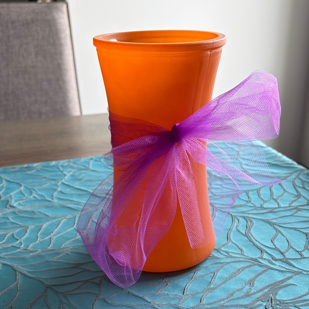 Orange Vase with Purple Ribbon